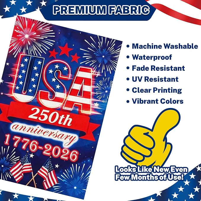 250 Anniversary Usa Garden Flags for Outside, 250 Anniversary USA Flag 1776-2026 Commemorative Patriotic Yard Sign Outdoor Firework Design Banner 4th of July Decorations Double Sided Waterproof 250 Year American Flag 12x18 Inch