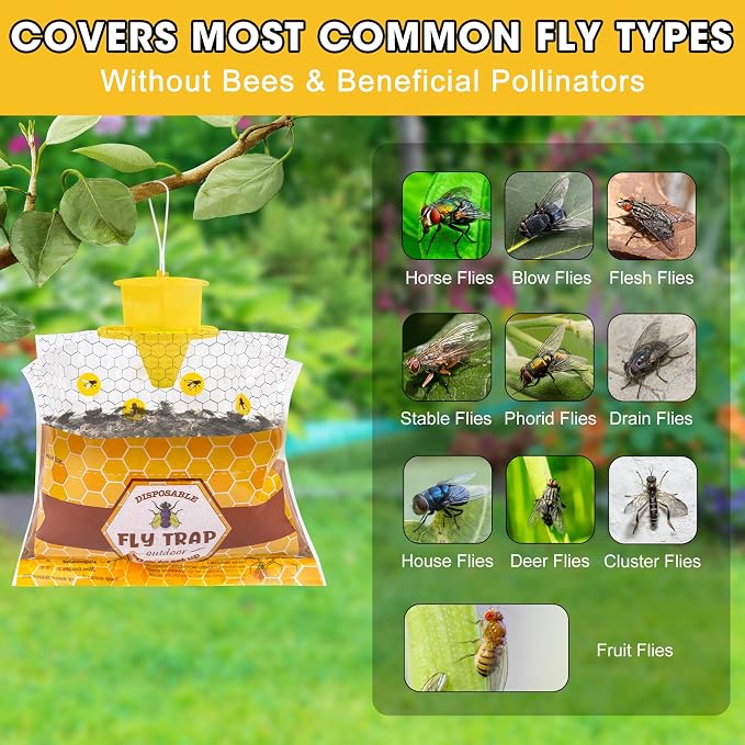 10 Pack Fly Traps Outdoor Hanging for Patio, Flies Bags Outdoor Disposable with 30g Bait, Bug Fly Hunter Catcher Killer Control for Barn Horse Ranch Chicken Coop