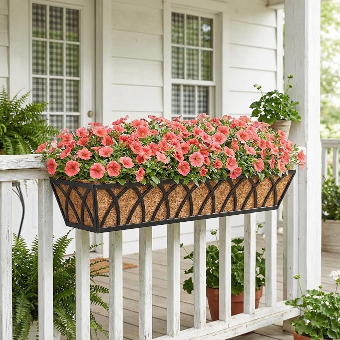 Y&M 2pcs 30'' Metal Outdoor Planter Boxes, Large Railing Mount Planters with Coco Liner for Balcony, Porch, Fence