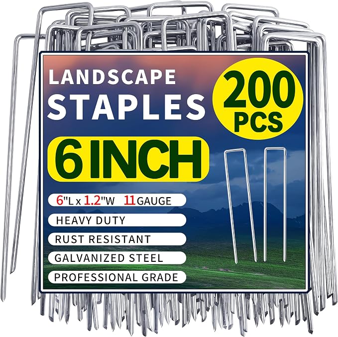 200 Pack Landscape Staples 6 Inch Garden Stakes Galvanized Garden Staples Pins Anti-Rust Ground Stakes for Weed Barrier, Irrigation Tubing, Landscaping Fabric, Yard Lawn