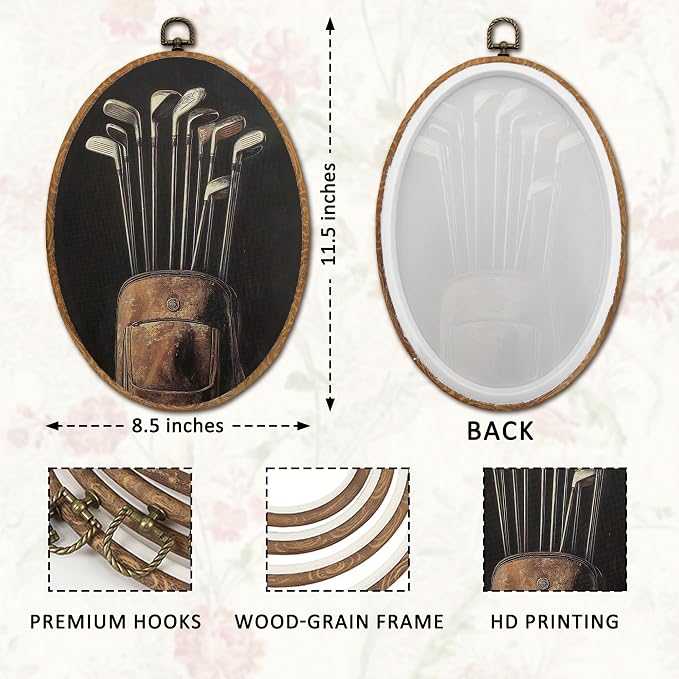 DOFQZ Vintage Golf Oval Wall Art Decor, Rustic Golfer Sports Lover Framed Wall Art, Classic Lover Golfing Canvas Walls Hanging Decor for Home Man Cave Boys Bedroom, 8.6x11.4