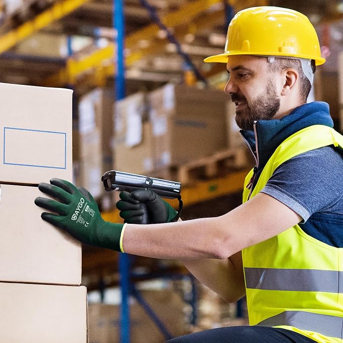 KAYGO Work Gloves for Men and Women,12 Pairs Seamless Knit PU Coated Safety Gloves, with Smooth Grip on Palm and Fingers, Ideal for Light Warehouse, Manufacturing, Gardening, KG11P (S,Dark Green)