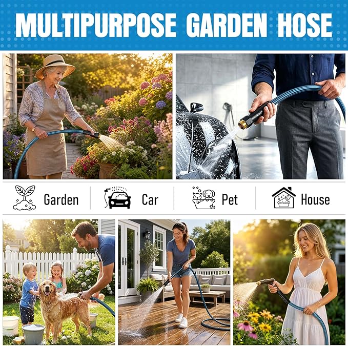NON-EXPANDABLE Garden Hose 50 ft, Heavy Duty Flexible Water Hose, Kink Resistant Lightweight Hybrid Hose with Durable Fabric Skin, Leakproof Hose Male to Female Fittings