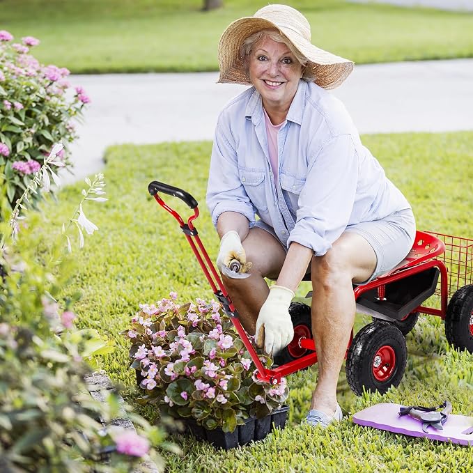 Outvita Garden Cart Rolling Workseat with Wheels, Gardening Stool with Adjustable 360 Degree Swivel Seat, Extendable Handle, Tool Tray & Storage Basket, Gardening Scooter for Yard, Planting, Red