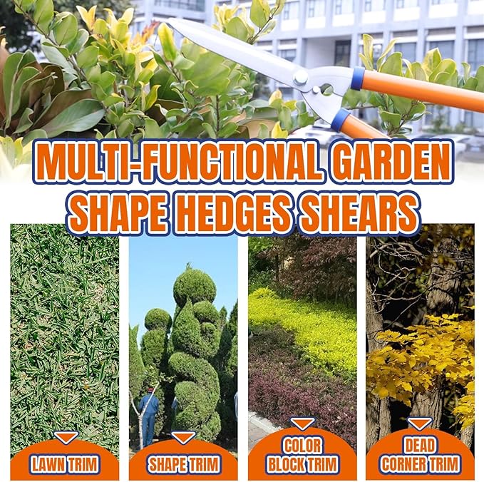 WADFOW Hedge Clippers:Bush Clippers With Adjustable Length Handle and Wavy SK-5 Steel Blade,Hedge Shears for Pruning Borders and Bushes, Blue and Yellow