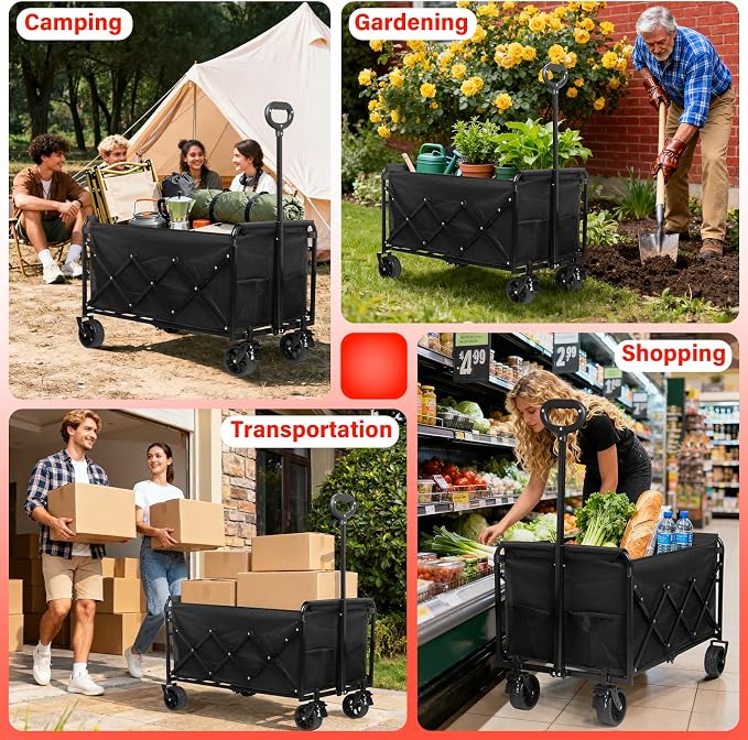 Collapsible Wagons Carts Foldable, 500LBS Heavy Duty Wagon Cart Foldable with Brakes & All-Terrain Wheels– 34'' Extra Long Folding Wagon Portable Lightweight for Camping, Beach,Sports, Shopping