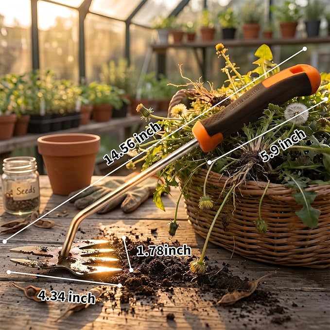 Hand Weeder Tool, Heavy Duty Stainless Steel Garden Weed Puller with 4-Tine & Root Removal Fork, Deep Root Weed Remover for Dandelion, Crabgrass & Thistle, Weeding Tool for Lawn Yard Farm (Orange)