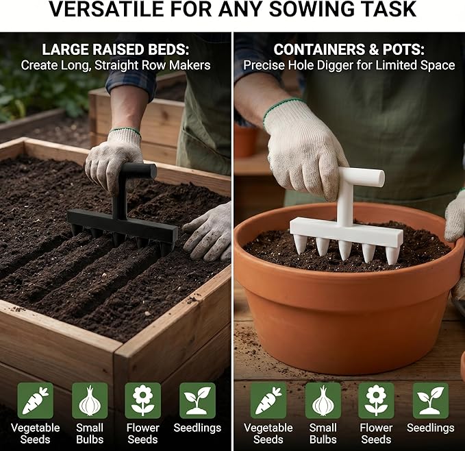 3D Printed 5-Prong Seed Dibber Gardening Tool, Unibody Hand Seeding Punch & Plant Hole Digger for Raised Beds, Seed Spacing Tool & Garden Row Maker, 7.1" x 4.7" (White)