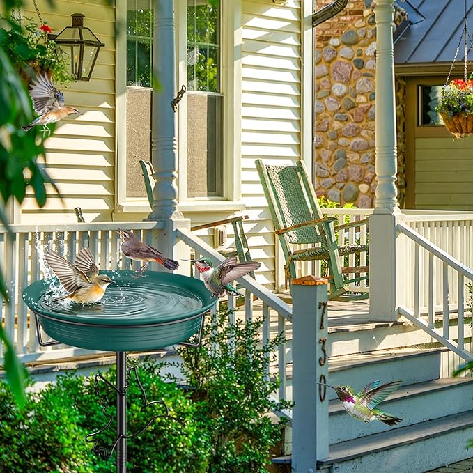 Bird Baths for Outdoors, Detachable Birdbaths for The Garden Clearance, Heavy Duty Freestanding Bird Baths, Bird Bath Bowl Spa & Birdfeeder with 5-Pronged Metal Stake Stand (Green-2)