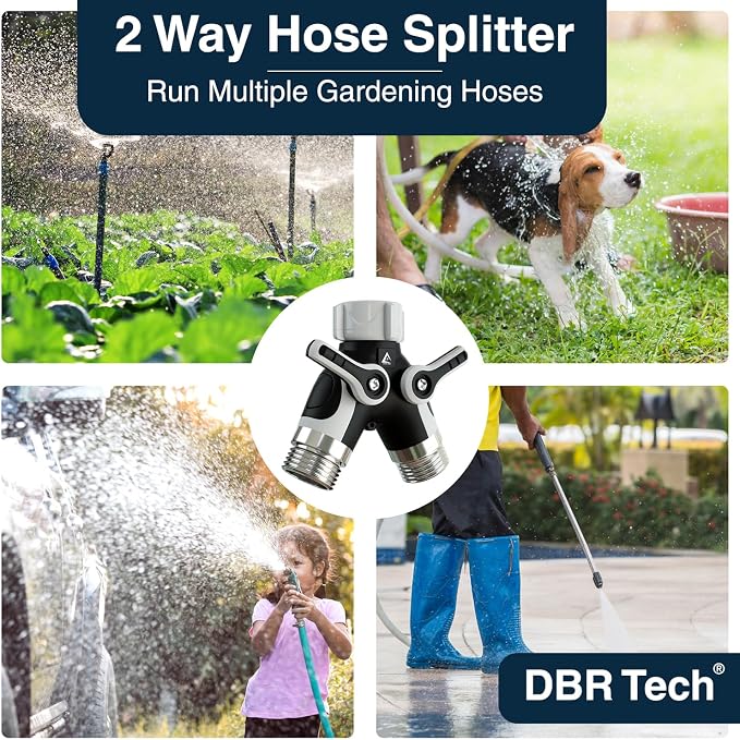 DBR Tech® Hose Splitter 2 Way, Heavy Duty Metal Connector, Two Way Garden Hose Splitter, High Flow Spigot Faucet Bib Adapter, Solid Double Y Shut Off Valve for Outdoor Gardening Hoses, Grey