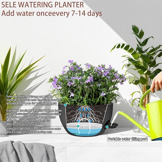 2 Pack 12" Self Watering Hanging Planters, Black with Chains | Plastic hanging baskets with 43 Oz removable reservoir, for indoor outdoor plants, patio porch garden balcony decor