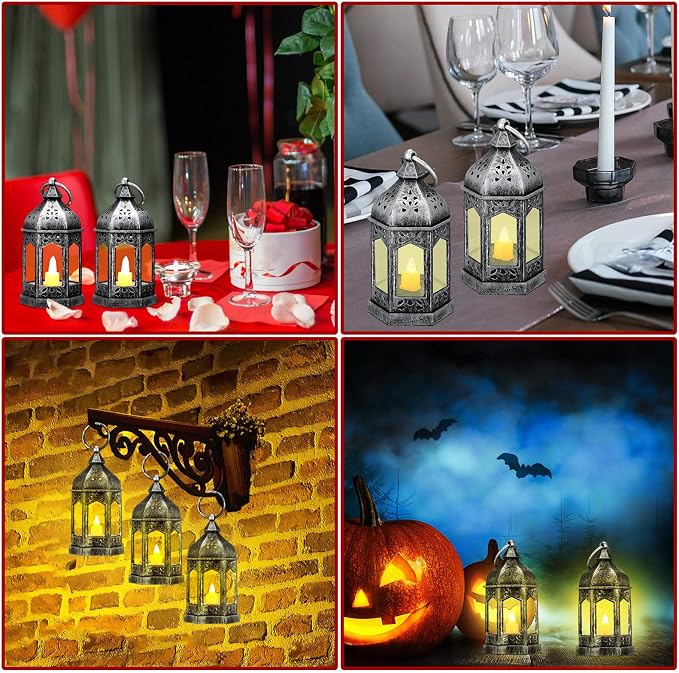 Hortsun 24 Pcs Vintage Lanterns Mini Lantern for Wedding Table Centerpiece Retro Decor with LED Candle Battery Powered Hanging for Medieval Wedding Cowboy Halloween Party Decoration Supplies(Silver)