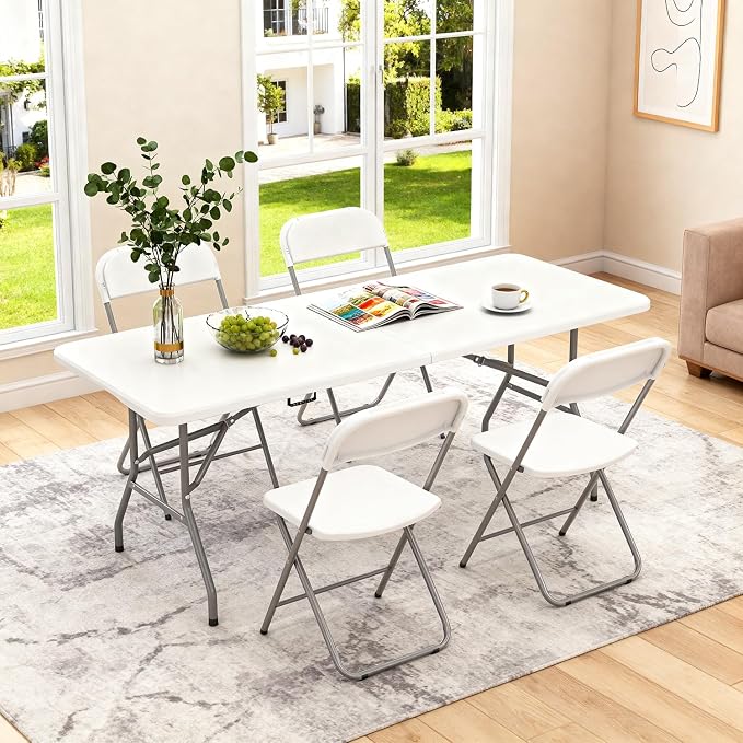 BestOffice 6 FT Picnic Table, Portable Plastic Folding Table with Carrying Handle Perfect for Picnics, Parties, Party and Camping, White