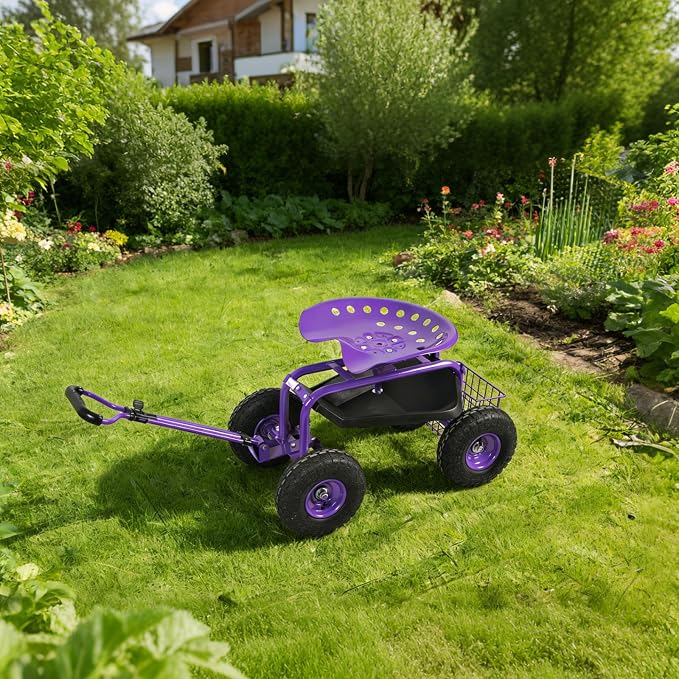 Rolling Garden Cart - Outdoor Workseat with Wheels, Heavy Duty Garden Tool Cart with Storage Bracket and Tool Tray for Yard, Planting Gardening Work (Purple)