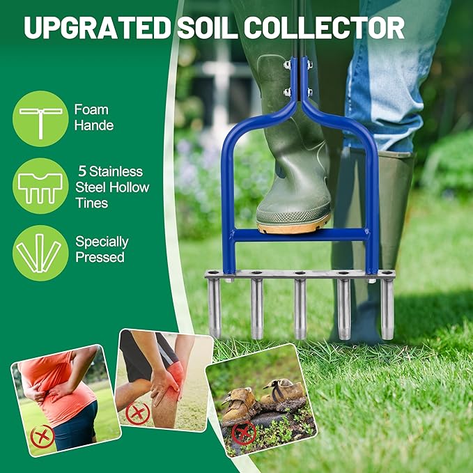 Lawn Coring Aerator, Stainless Steel 5 Corer Plug Aerator Tool with Soft Rubber Grip, Manual Grass Aerating Tool, Garden Tool & Cleaning Hand Tool for Loosening Soil and Improving Lawn Health.