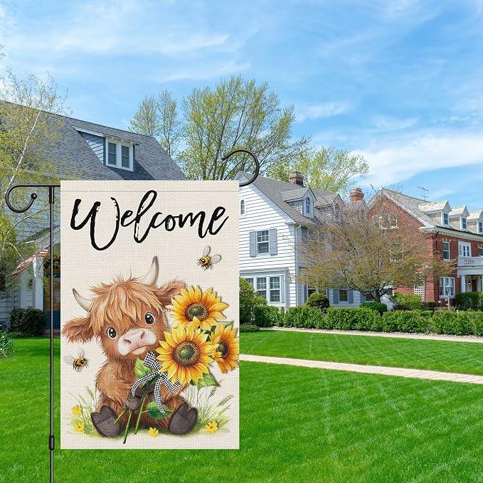 Heyfibro Welcome Summer Highland Cow Garden Flag 12x18 Double Sided Burlap Spring Flower Sunflower Bee Small Yard Banner for Rustic Seasonal Outside Outdoor House Decoration (ONLY FLAG)