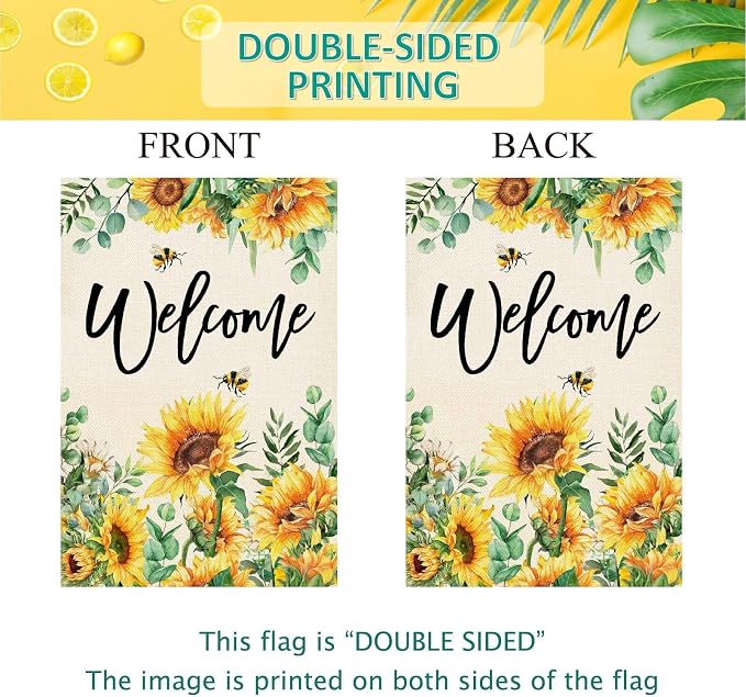 Baccessor Sunflower Garden Flag Spring SummerBee Eucalyptus Leaves Welcome Flag 12.5 x 18 Inch Double Sided Burlap Yard Small Flag for Outside Decor