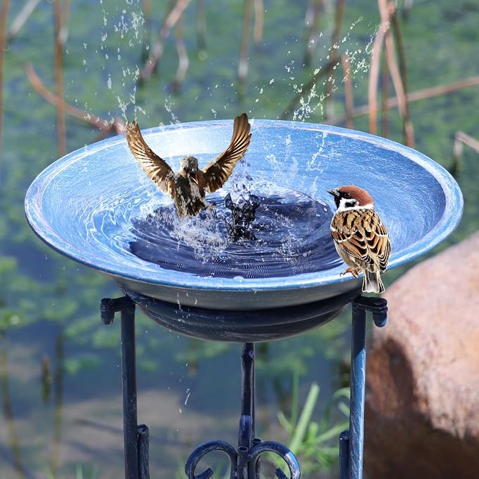 Multifunctional Solar Bird Bath for Outside, Metal Birdbath Stand and Solar Fountain Bird Bath Bubbler Combo Set, Solar Birdbaths for Outdoors Garden Lawn Yard Decor(Blue)