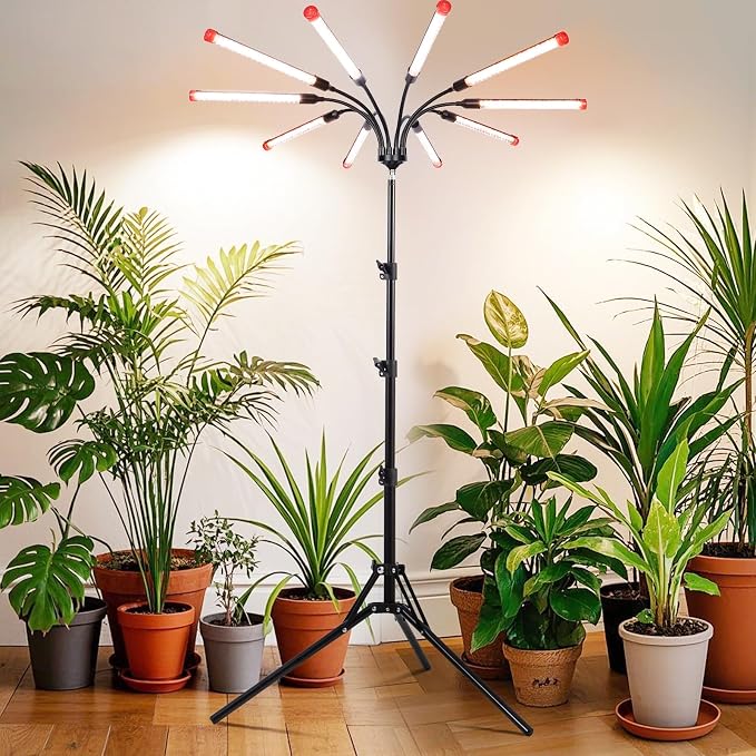FRGROW 10Head Grow Light with Stand for Tall&Large Indoor Plants, Bonsai Tree, Big Coverage and Bright Plant Growing Lamps, 4/8/12/16/20H Timer, 90 Watt Power Draw, NO Need Adapter, 360° Gooseneck