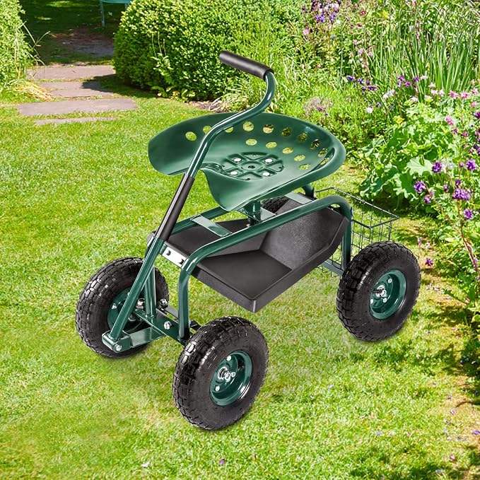 Garden Stool Cart Rolling Work Seat Outdoor Storage Basket Scooter for Adjustable 360 Degree Swivel Seat Green