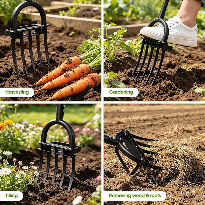 Broad Fork Garden Tool, 55" Heavy Duty 5 Sharp Tines BroadFork Hand Tiller Garden Pitchfork with Ergonomic Handles for Spading Digging Fork Gardening Cultivating Composting and Loosening