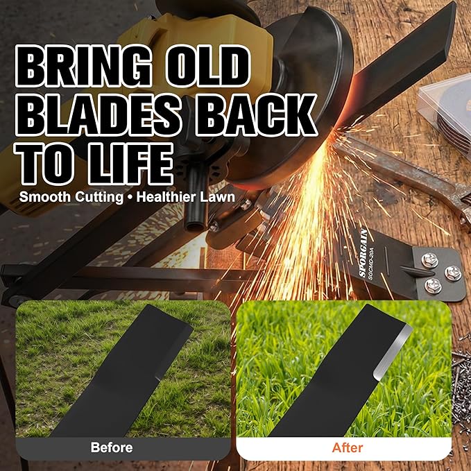 SporGain Lawn Mower Blade Sharpener, 15°–45° Adjustable Lawnmower Blade Sharpener, Fits 1.65"–3.60" Mower Blades, Use with Angle Grinder, Precision Lawn Mower Blade Sharpening Tool