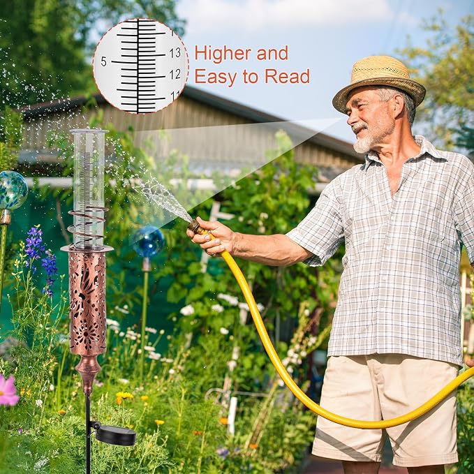Rain Gauge Outdoor, Solar Rain Gauges for Yard, Freeze Proof Rain Gauge with 7" Plastic Tube, Copper Metal Decorative Garden Stake with Led Light, Brown