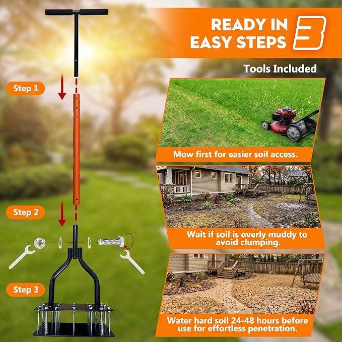 Lawn Aerator Tool with 15 Sharp Spikes, Manual Grass Aerator for Yard with Automatic Soil Ejection & Dual-Layer Spring, Heavy Duty Metal Garden Aerator for Soil Loosening, Pre-Assembled