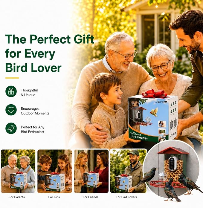 Bird Feeder with Camera, 2K HD 147° Wide Angle, Live View, Solar Powered, IP65 Outdoor, 2.4GHz Wi-Fi, Night Vision, Motion Alerts, Local Storage, AI Bird ID 10,000+ Species, Family Sharing