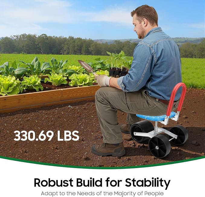 Rolling Garden Work Seat with Wheels, Gardening Helper with 3 Wheels, 360° Rotation Stable Workseat Sturdy Cart with Adjustable Seat Height & Direction for Vegetable Gardens, Orchards, Farms