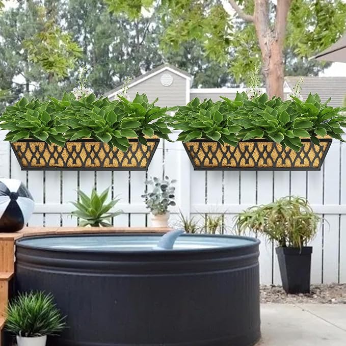 2 Pack 30 Inch Window Boxes Planters Railing Planter Box with Adjustable Brackets for Porch Fence Patio Balcony Hanging Flower Baskets with Coco Liners for Outdoor Garden Decor - Black