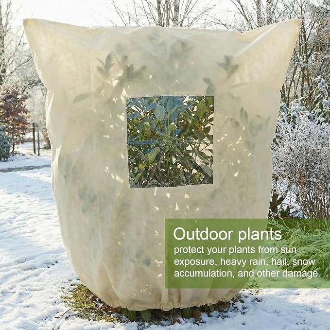 4 Pcs Large Plant Covers Freeze Protection with Viewing Window, Drawstring & Zipper Winter Frost Covers, Shade Cloth for Shrubs, Small Trees, Frost(Beige,47.24 x 70.87 Inch)