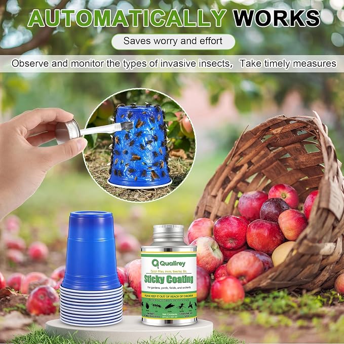 Qualirey 8 oz Tangle Trap Sticky Coating with Brush and 12 Plastic Trap Cups, DIY Insect Adhesive Barrier Coating for Lanternflies & Deerflies, Outdoor Guard for Trees, Plants, Gardens & Orchards