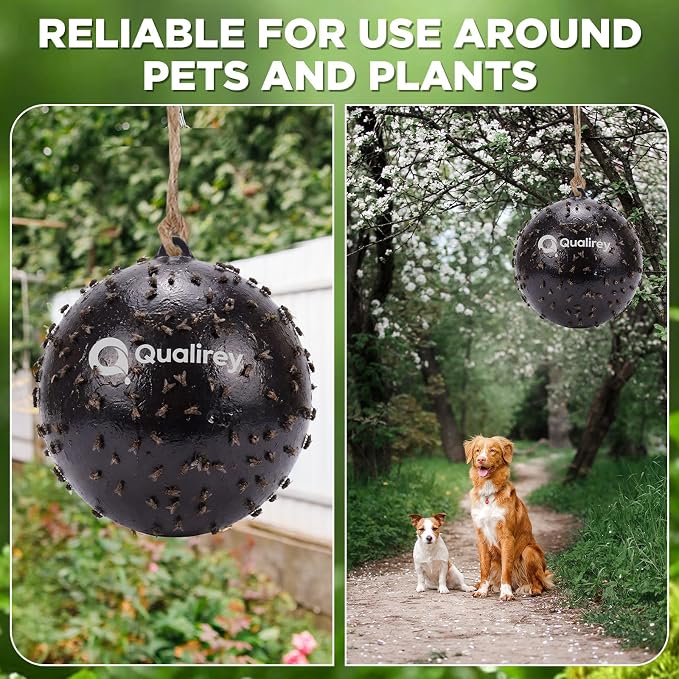 Qualirey 2 Pcs Big Fly Trap Ball 18 inch Hanging Fruit Fly Trap Outdoor Sticky Insect Ball with Sticky Coating Glue Air Pump Adhesive Catcher for Farm Orchard Gnat Mosquito Hornet Deerflies(Black)