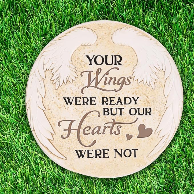 10 Inch Polyresin Memorial Garden Stone, Angel Wings Stepping Stones Outdoor, Memorial Gifts for Loss of Loved One, Décor for Homes, Lawn and Garden (Round Wings)