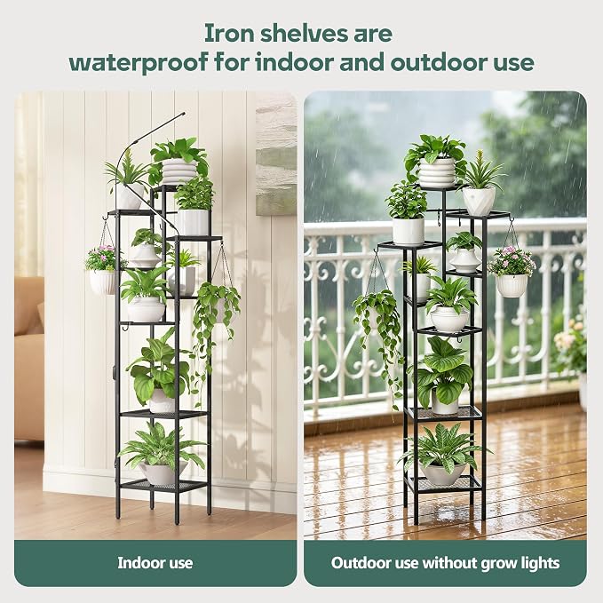 Quikraen 8 tiers Metal Plant Stand with Grow Lights, Tall Lighted Corner Plant Shelf for Indoor Plant Growing,Flower Pot Holder, Plant Rack for Home Decor, Patio (Black)