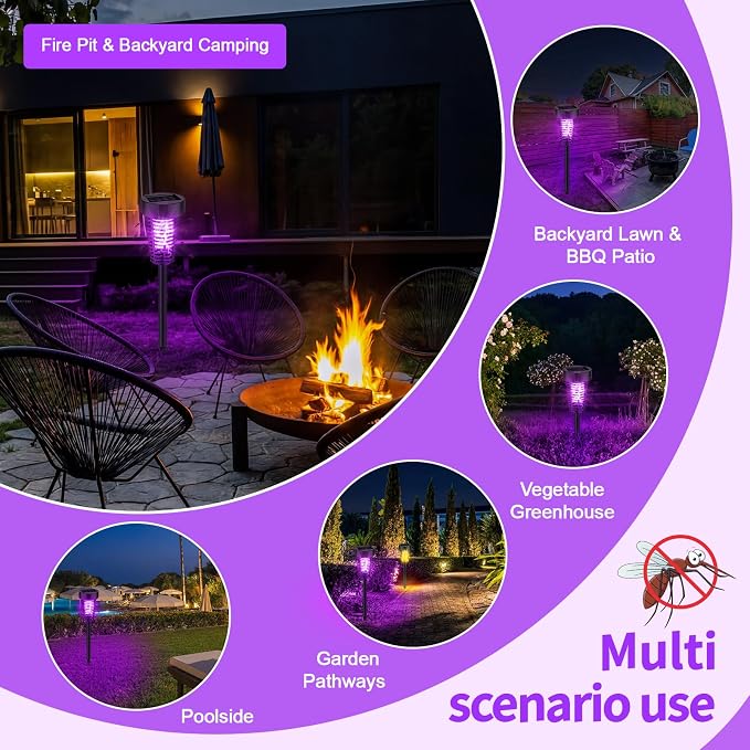 Qualirey 4 Pack Solar Bug Zapper Outdoor Waterproof Mosquito Repellent Killer Bug Zapper Lamp with LED Light for Outdoor Garden Patio Yard (Purple and Flame Light,Black)