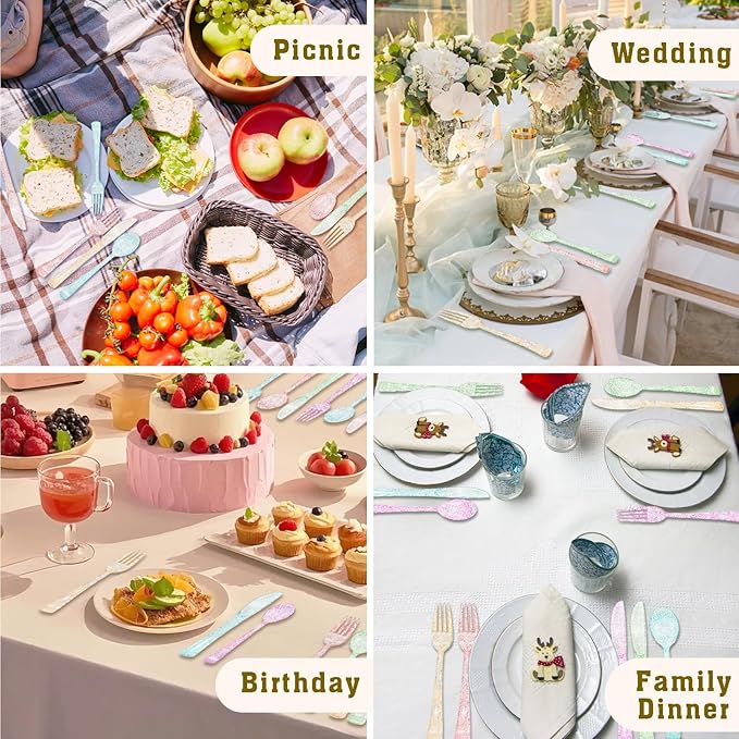 50 Pcs CLear Pastel Plastic Forks, Pastel Plastic Silverware, Heavy Duty Plastic Cutlery Set Disposable Utensils Sets for Brithday, Wedding, Tea Party, Garden Party