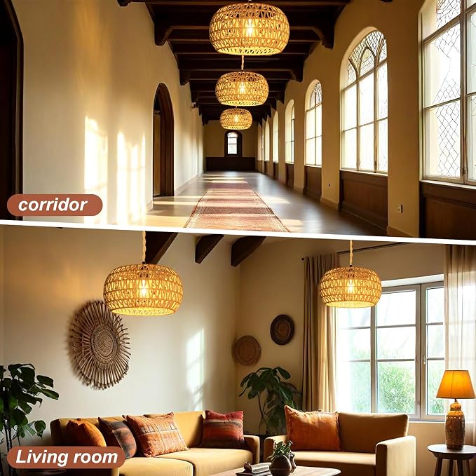 Hanging Lights with Plug in Cord Rattan Hanging Lamp Boho Ceiling Light Fixtures Farmhouse Pendant Lamp Shape for Living Room Bedroom Kitchen