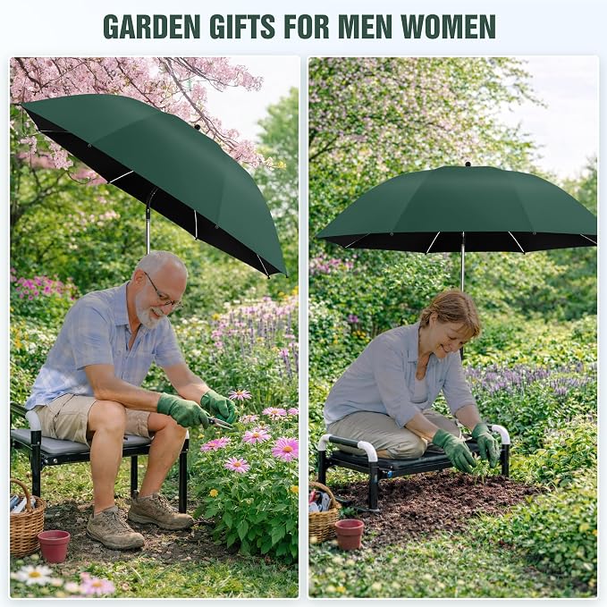 Garden Kneeler Umbrella, 42” Large Chair Umbrella with Universal Clamp, 360°Swivel and UPF 50+ Protection,Folding Clip on Umbrellas for Garden Seat Kneeling Bench Camping Chair, NO KNEELER