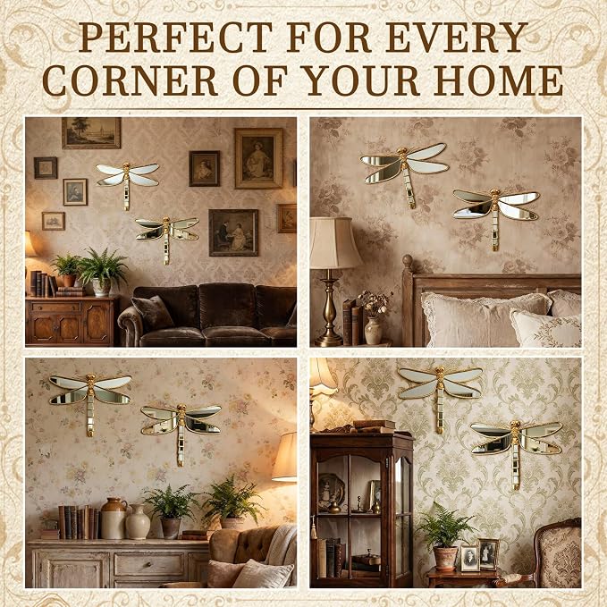 Sliner 2 Pcs Gold Resin Dragonfly Mirror Wall Decor, Aesthetic Glass Insect Wall Art, Vintage Cottagecore Decorative Mirrors for Home Nursery Garden, Elegant Nature Gift for Summer Wedding