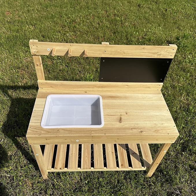 Kids Wooden Potting Bench with Chalkboard, Removable Basin, Storage Shelf and Hooks, Outdoor Garden Work Table,Educational Gardening Tools (Wood)