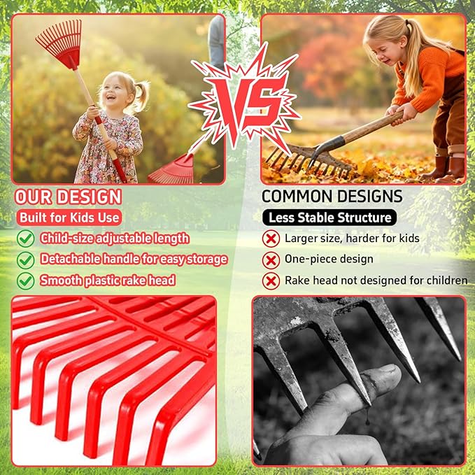 2 Pack Kids Adjustable Leaf Rake Set – 28" to 34" with Detachable Wooden Handles, Lightweight Plastic Head, Designed for Kids, Includes 2 Pairs of Gloves & Leaf Bag (Red/Blue)
