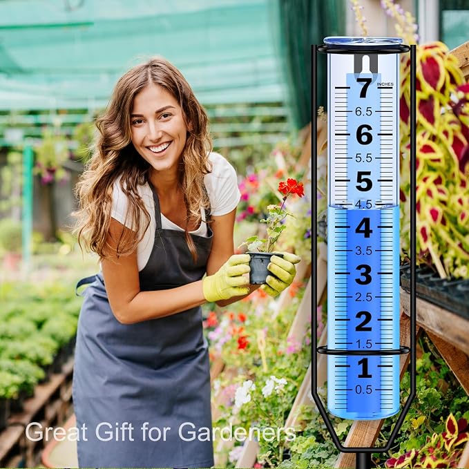 Rain Gauge Upgraded, 7" Freeze Proof Thickened Rain Gauge Outdoor Best Rated, Large Clear Numbers and Adjustable Height Rain Measuring Tool for Garden, Yard, Lawn, Patio, and Farm Use