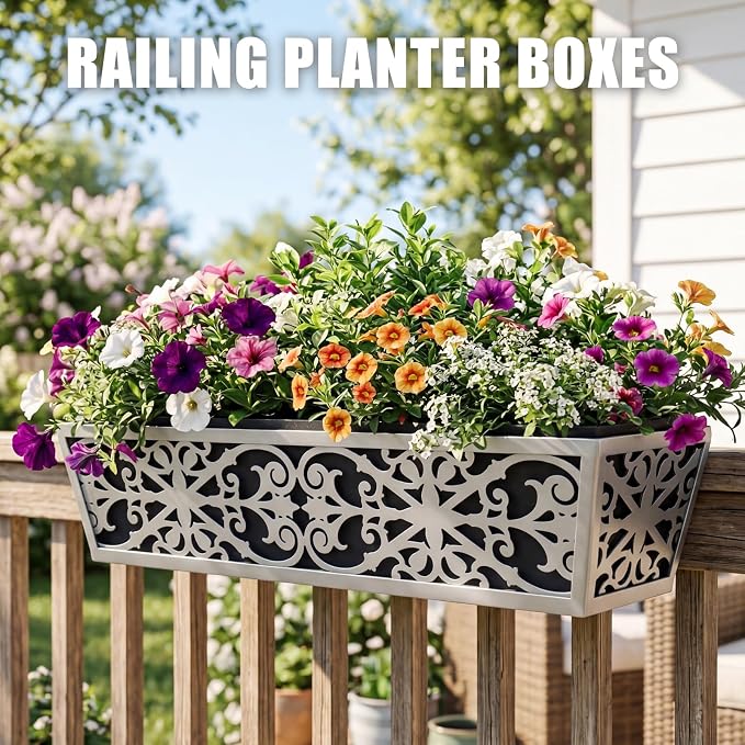 6 Pack 24 Inch Window Boxes Planter for Outdoor Plants Deck Railing Planters Box with Adjustable Brackets for Porch Fence Balcony Hanging Flower Baskets with Non-Woven Fabric Liner for Garden Decor