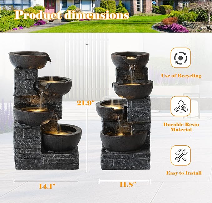 4-Tier Outdoor Garden Water Fountain, 22" H Modern Resin Cascading Bowls Fountain with LEDs and Pump, Freestanding Fountains and Waterfalls for Yard, Porch and Patio Indoor Decor (Brown)