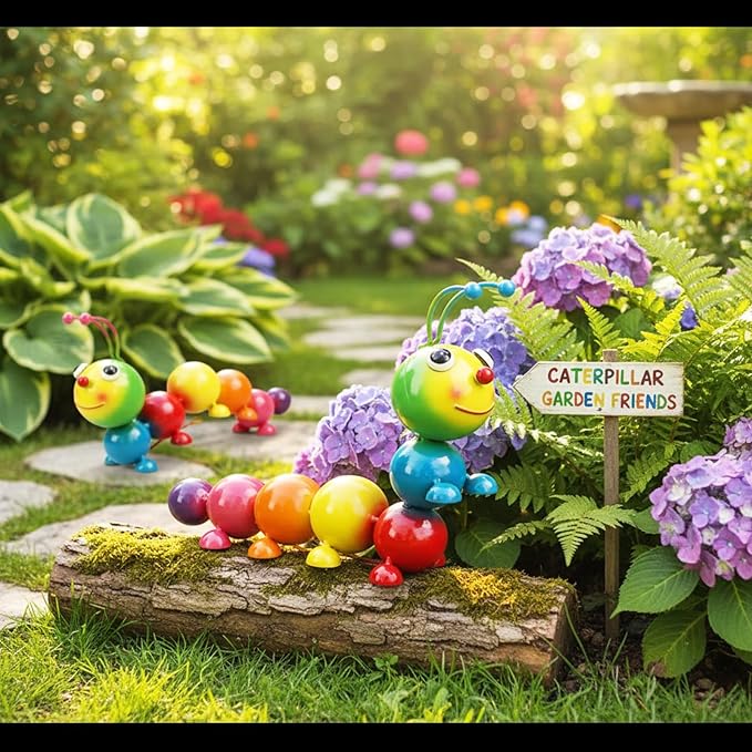 Cruis Cuka Metal Caterpillar Statue Yard Art Garden Decor for Outside Patio Lawn Ornaments Fence Decorations Family,Friends,Garden Lovers - Set of 2(Colorful NEW)
