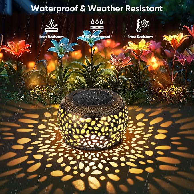 Solar Lantern Outdoor Patio Decor: 4 Pack Solar Lanterns Outdoor Waterproof, Hollow Out Retro Metal Solar Lights, Yard Porch Garden Balcony Indoor Desk Bedroom Tabletop Decorations, 2 Lighting Colors