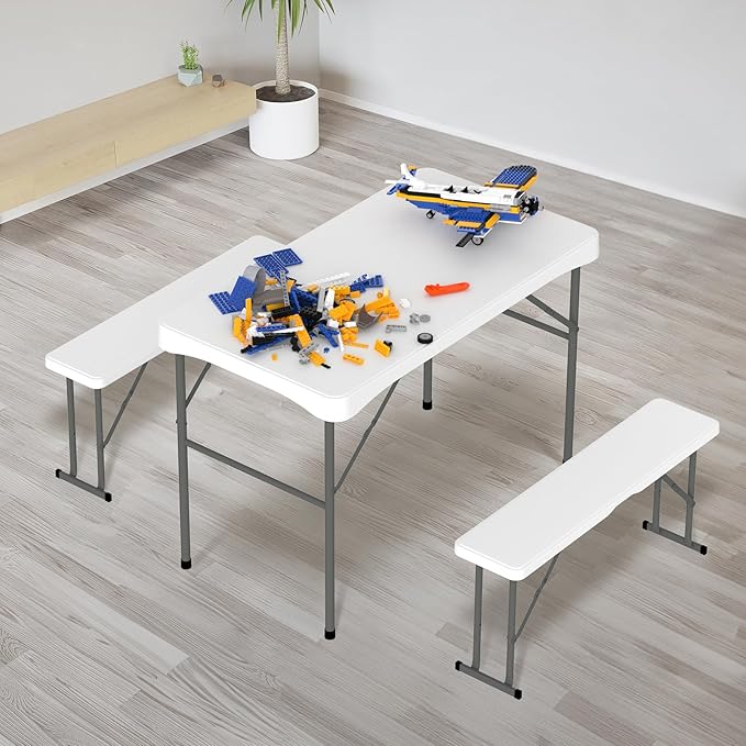 VINGLI Picnic Table Set with 2 Benches, 6 Feet Camping Table Chair Set, Heavy-Duty HDPE Material with Metal Frame, 3-Piece Folding Furniture for Indoor or Outdoor Use (3.5ft White)