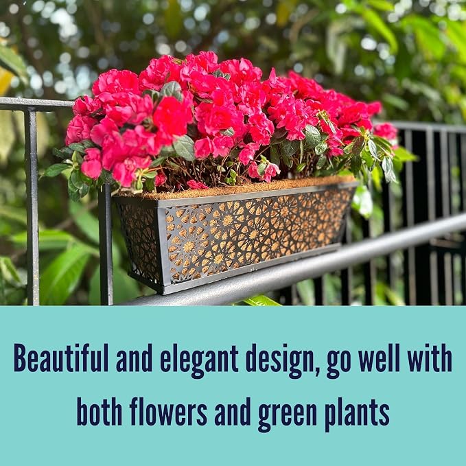 LaLaGreen Window Planter Boxes for Outdoor Plants (16 Inch, 4 Pack) Black Metal Wall Hanging Planters Deck Railing Flower Box with Coco Liners, Unique Horse Troughs Balcony Pots Patio Porch Over Rail